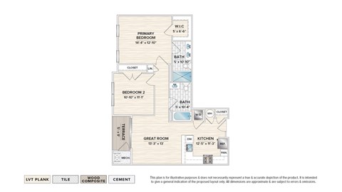 Floor plan for 2 beds, 2 baths, 965 sqft